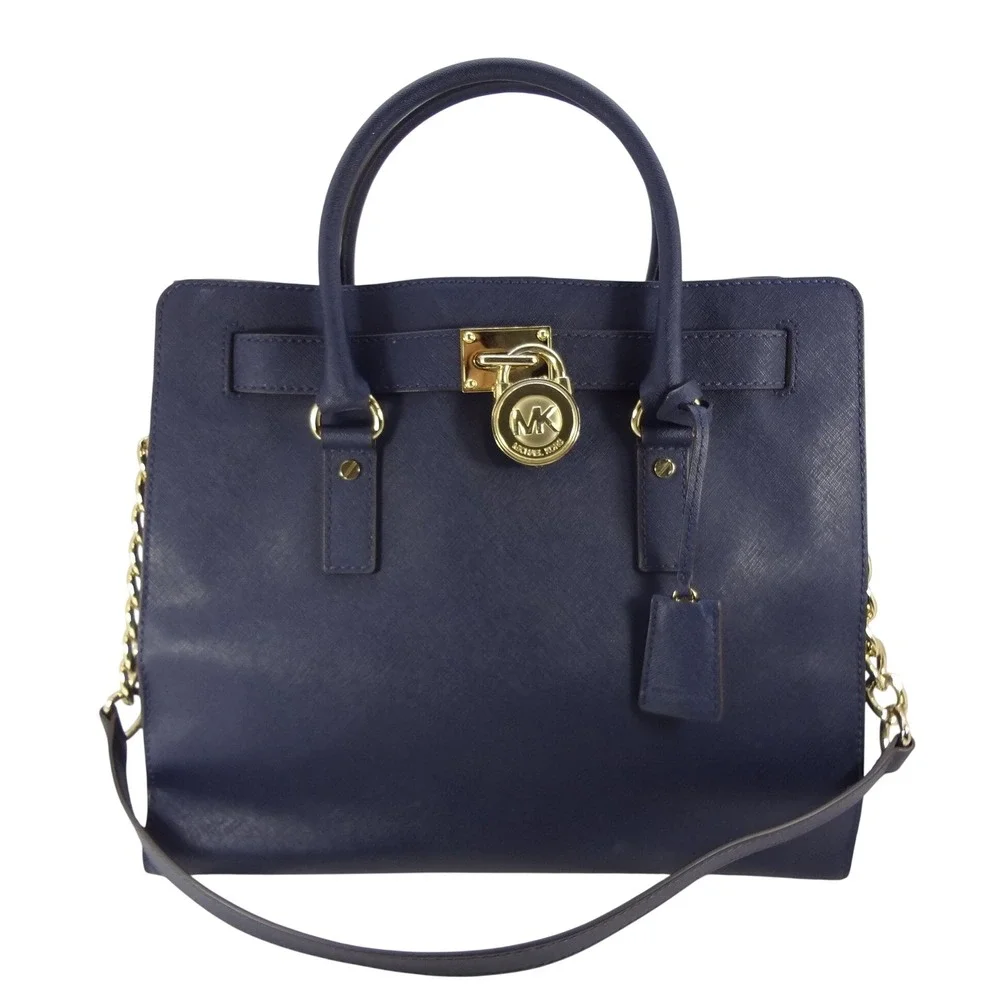 Michael Kors Hamilton Large Satchel Navy Blue Saffiano Leather Gold Hardware Bag